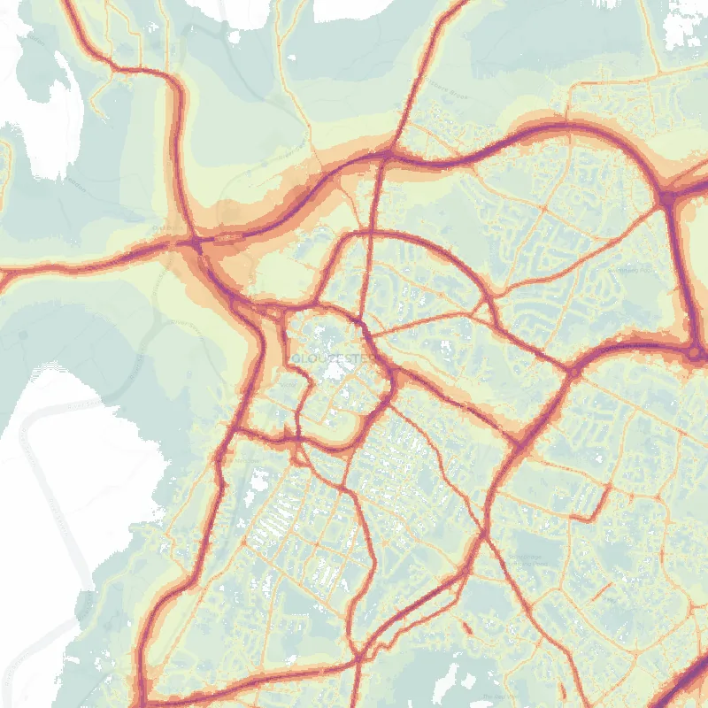 Noise map of Gloucester: modelled road-traffic noise (Lden) from the official strategic noise mapping, paler colours marking quieter levels and deepening through orange to dark purple along the loudest corridors, over the city's street network.