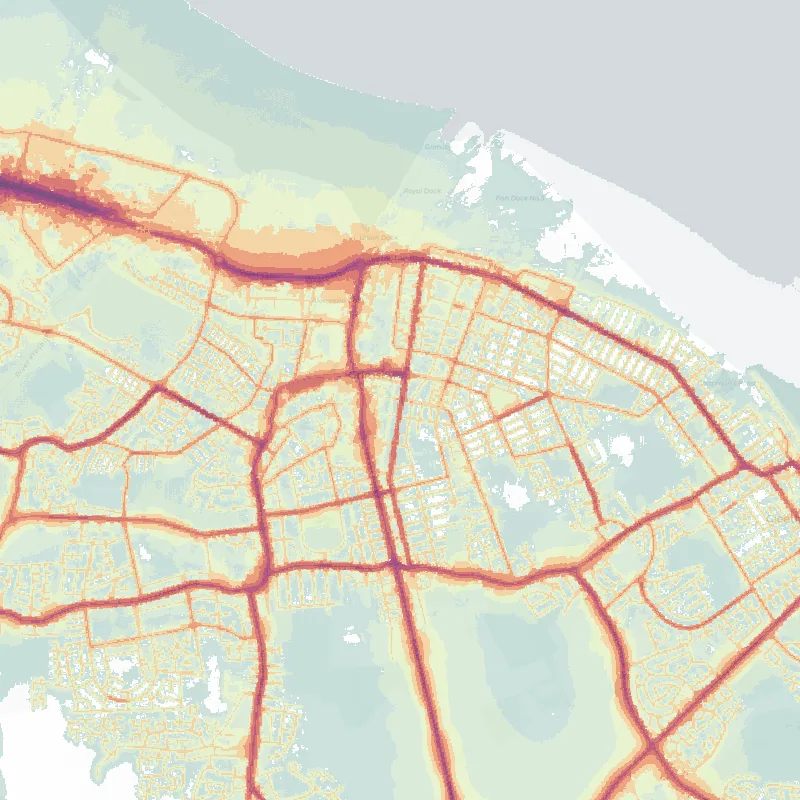 Noise map of Grimsby: modelled road-traffic noise (Lden) from the official strategic noise mapping, paler colours marking quieter levels and deepening through orange to dark purple along the loudest corridors, over the city's street network.