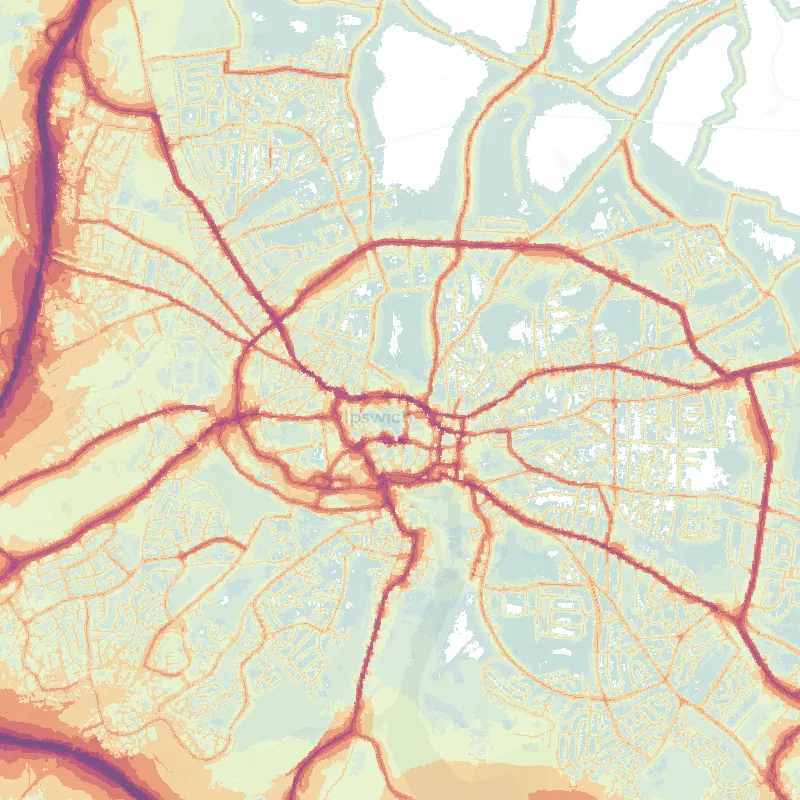 Noise map of Ipswich: modelled road-traffic noise (Lden) from the official strategic noise mapping, paler colours marking quieter levels and deepening through orange to dark purple along the loudest corridors, over the city's street network.