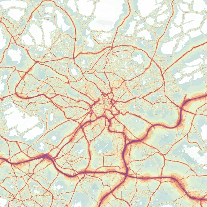 Noise map of Leeds: modelled road-traffic noise (Lden) from the official strategic noise mapping, paler colours marking quieter levels and deepening through orange to dark purple along the loudest corridors, over the city's street network.