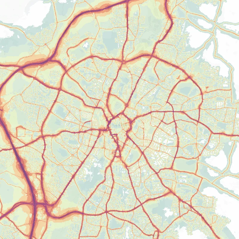 Noise map of Leicester: modelled road-traffic noise (Lden) from the official strategic noise mapping, paler colours marking quieter levels and deepening through orange to dark purple along the loudest corridors, over the city's street network.