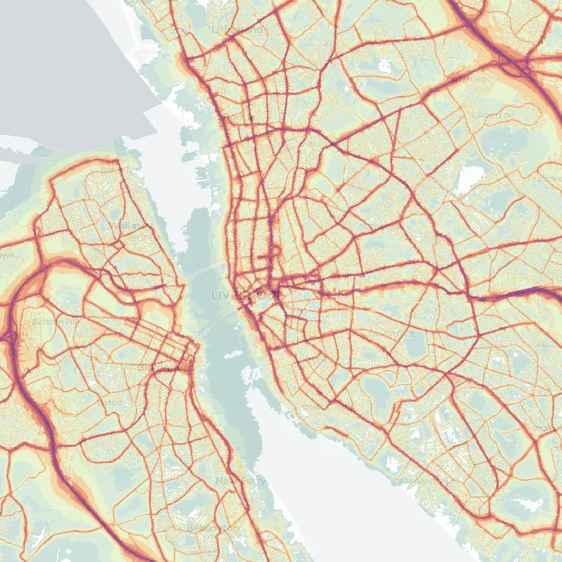 Noise map of Liverpool: modelled road-traffic noise (Lden) from the official strategic noise mapping, paler colours marking quieter levels and deepening through orange to dark purple along the loudest corridors, over the city's street network.