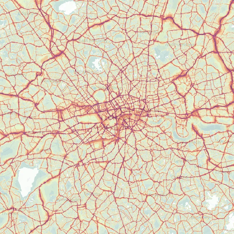 Noise map of London: modelled road-traffic noise (Lden) from the official strategic noise mapping, paler colours marking quieter levels and deepening through orange to dark purple along the loudest corridors, over the city's street network.