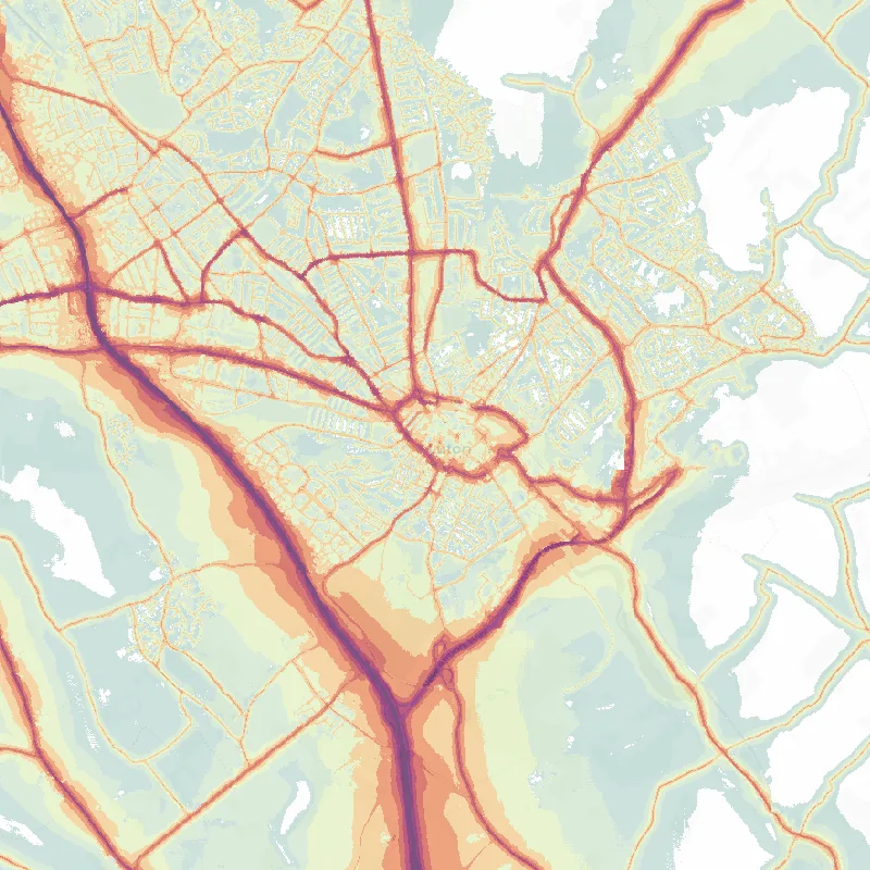 Noise map of Luton: modelled road-traffic noise (Lden) from the official strategic noise mapping, paler colours marking quieter levels and deepening through orange to dark purple along the loudest corridors, over the city's street network.