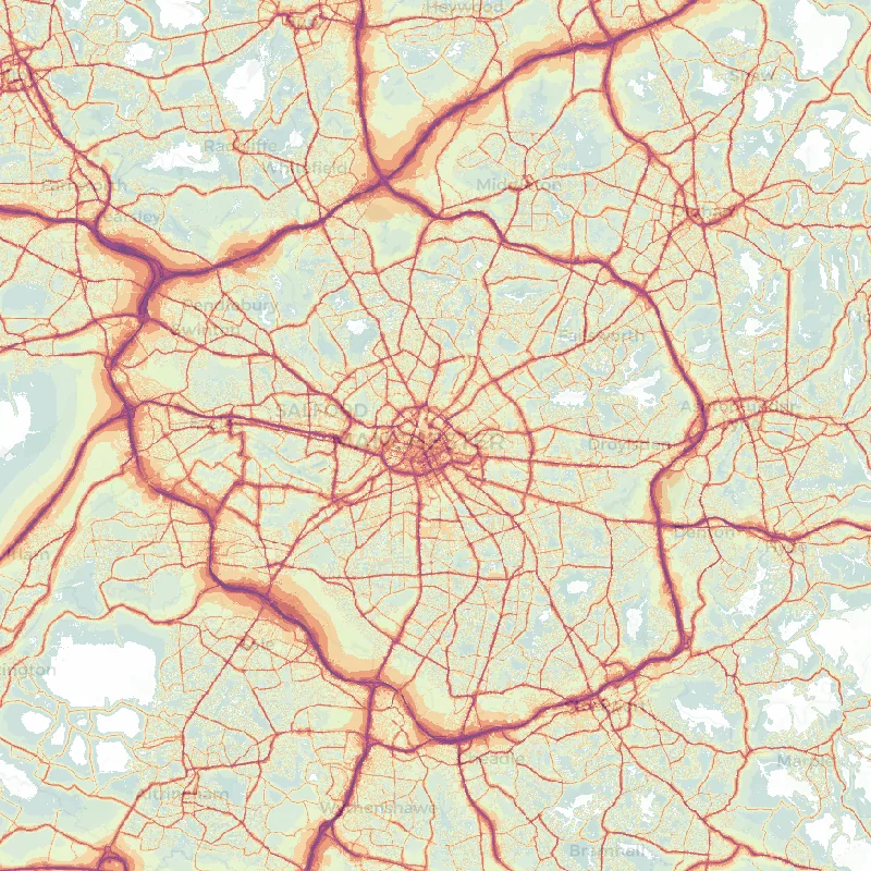 Noise map of Manchester: modelled road-traffic noise (Lden) from the official strategic noise mapping, paler colours marking quieter levels and deepening through orange to dark purple along the loudest corridors, over the city's street network.