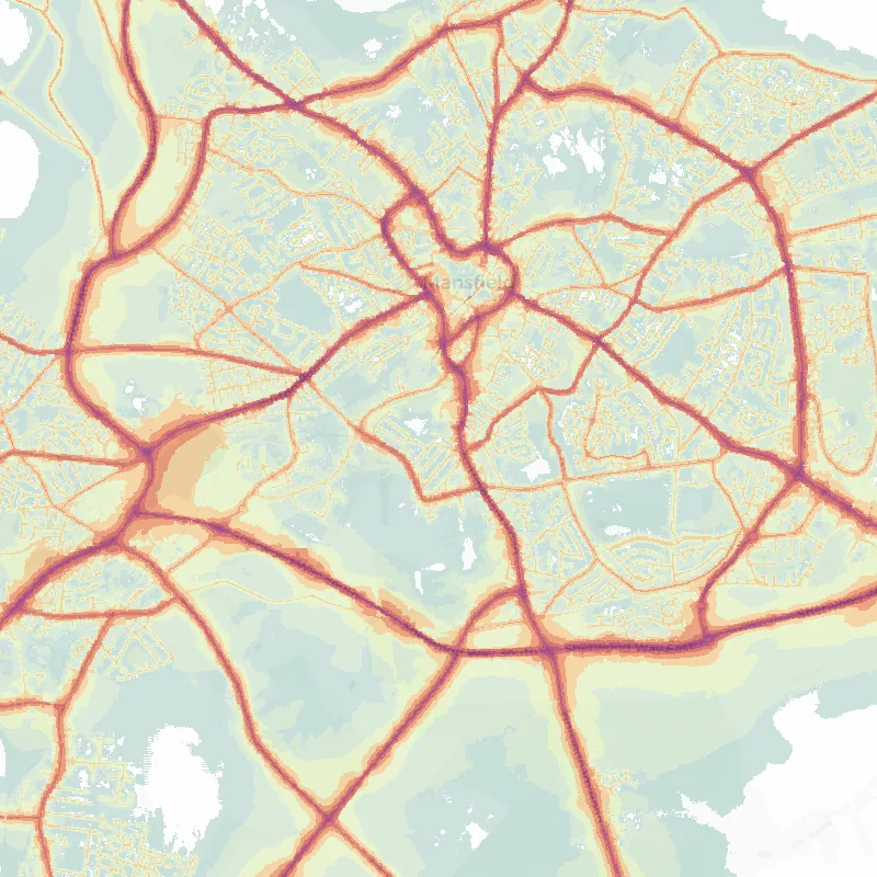 Noise map of Mansfield: modelled road-traffic noise (Lden) from the official strategic noise mapping, paler colours marking quieter levels and deepening through orange to dark purple along the loudest corridors, over the city's street network.