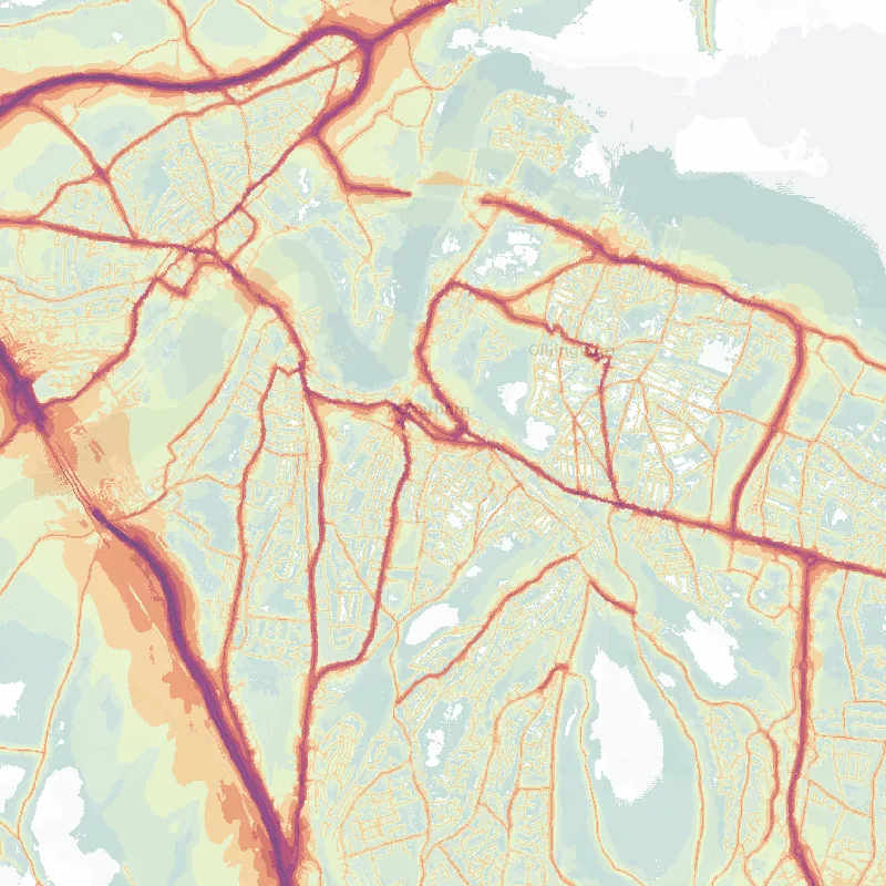 Noise map of Medway: modelled road-traffic noise (Lden) from the official strategic noise mapping, paler colours marking quieter levels and deepening through orange to dark purple along the loudest corridors, over the city's street network.