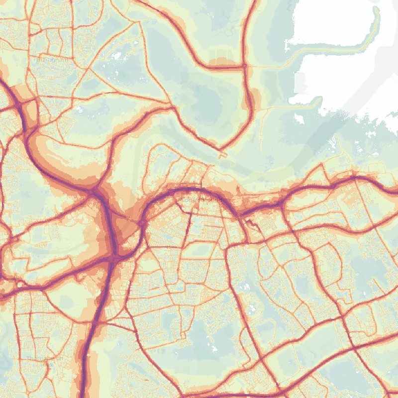Noise map of Middlesbrough: modelled road-traffic noise (Lden) from the official strategic noise mapping, paler colours marking quieter levels and deepening through orange to dark purple along the loudest corridors, over the city's street network.
