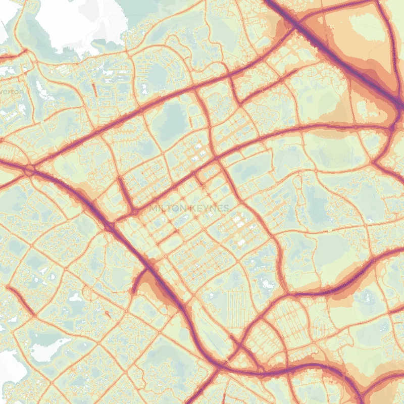 Noise map of Milton Keynes: modelled road-traffic noise (Lden) from the official strategic noise mapping, paler colours marking quieter levels and deepening through orange to dark purple along the loudest corridors, over the city's street network.