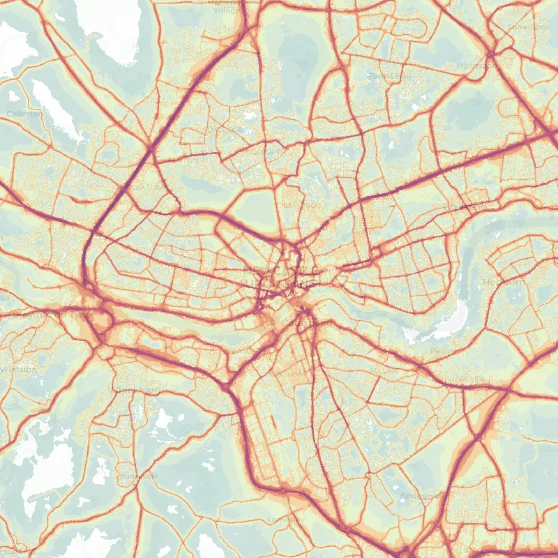 Noise map of Newcastle upon Tyne: modelled road-traffic noise (Lden) from the official strategic noise mapping, paler colours marking quieter levels and deepening through orange to dark purple along the loudest corridors, over the city's street network.