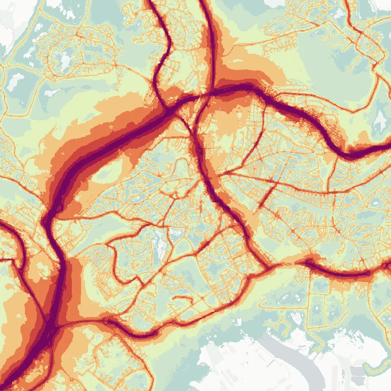 Noise map of Newport: modelled road-traffic noise (Lden) from the official strategic noise mapping, paler colours marking quieter levels and deepening through orange to dark purple along the loudest corridors, over the city's street network.