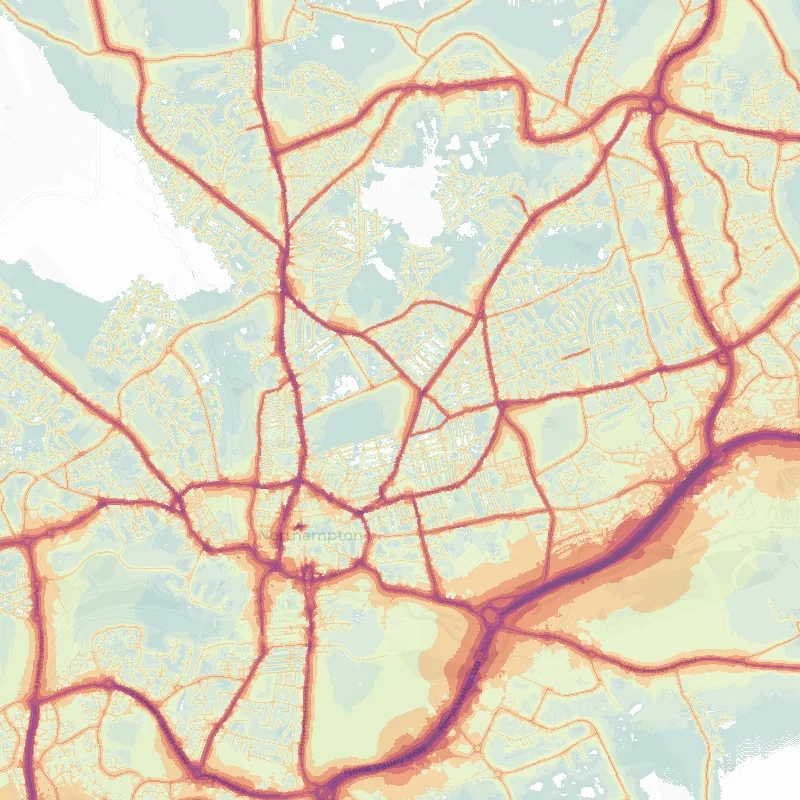 Noise map of Northampton: modelled road-traffic noise (Lden) from the official strategic noise mapping, paler colours marking quieter levels and deepening through orange to dark purple along the loudest corridors, over the city's street network.