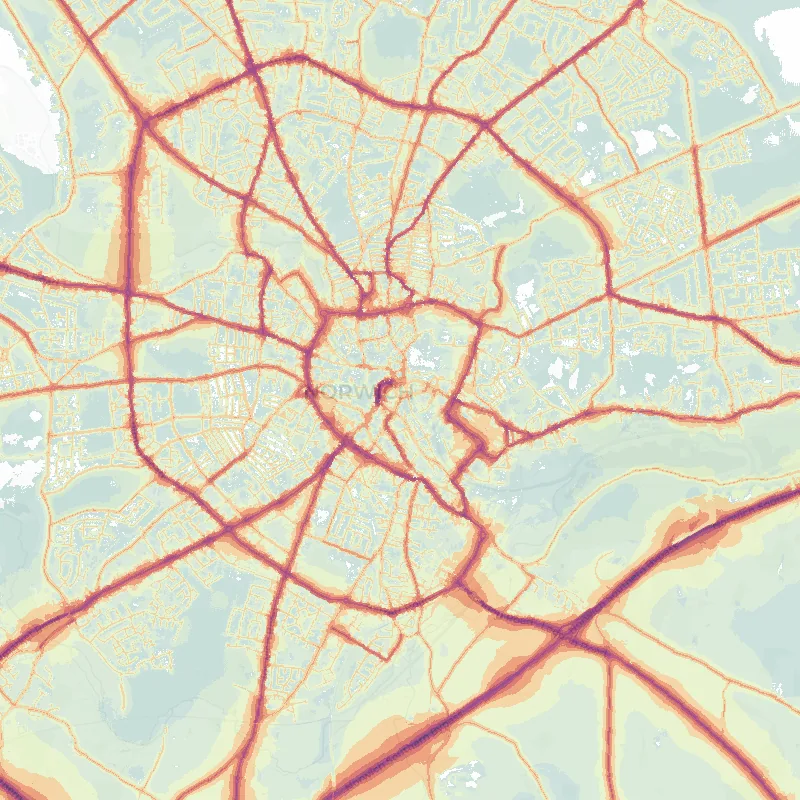 Noise map of Norwich: modelled road-traffic noise (Lden) from the official strategic noise mapping, paler colours marking quieter levels and deepening through orange to dark purple along the loudest corridors, over the city's street network.