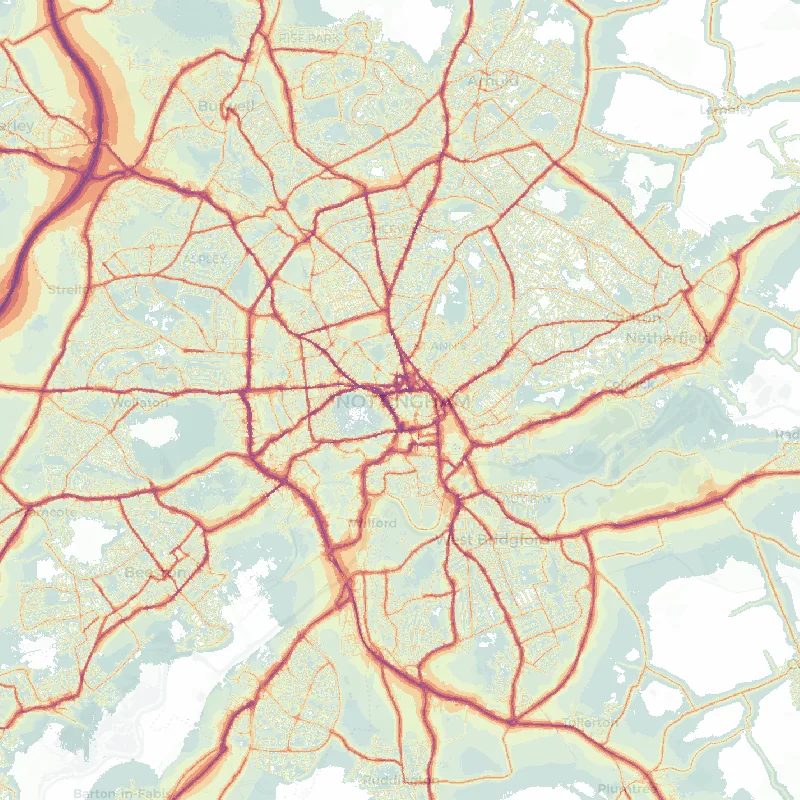 Noise map of Nottingham: modelled road-traffic noise (Lden) from the official strategic noise mapping, paler colours marking quieter levels and deepening through orange to dark purple along the loudest corridors, over the city's street network.