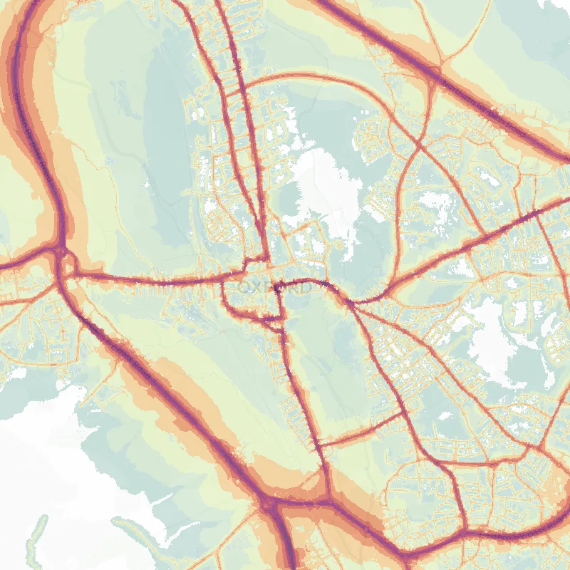 Noise map of Oxford: modelled road-traffic noise (Lden) from the official strategic noise mapping, paler colours marking quieter levels and deepening through orange to dark purple along the loudest corridors, over the city's street network.