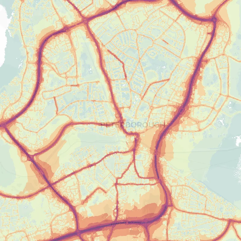 Noise map of Peterborough: modelled road-traffic noise (Lden) from the official strategic noise mapping, paler colours marking quieter levels and deepening through orange to dark purple along the loudest corridors, over the city's street network.