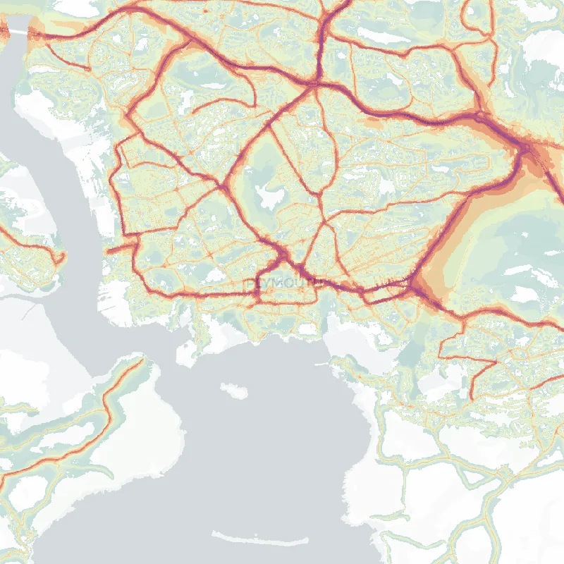Noise map of Plymouth: modelled road-traffic noise (Lden) from the official strategic noise mapping, paler colours marking quieter levels and deepening through orange to dark purple along the loudest corridors, over the city's street network.