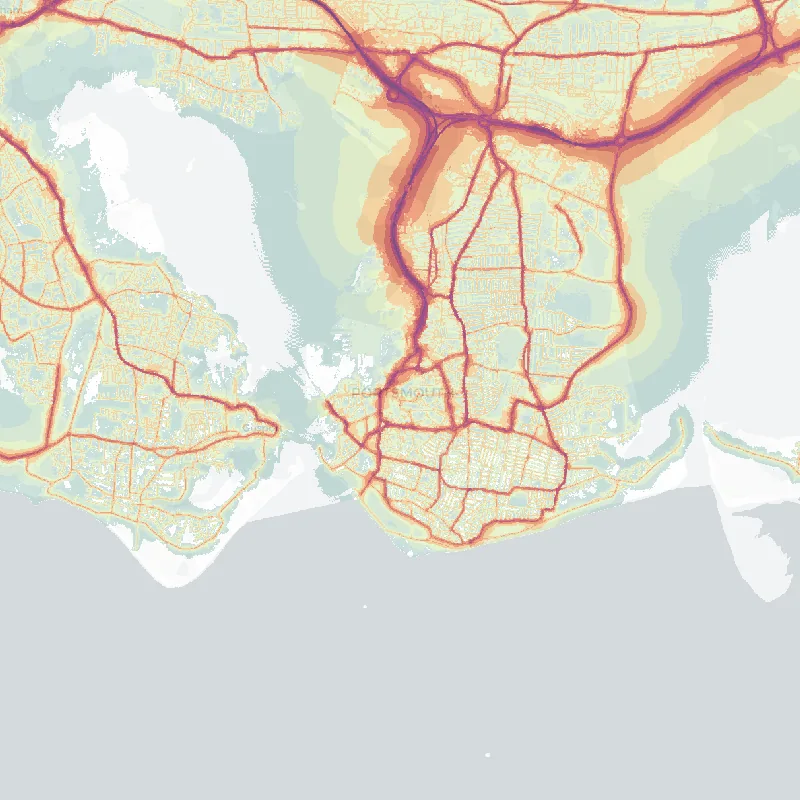 Noise map of Portsmouth: modelled road-traffic noise (Lden) from the official strategic noise mapping, paler colours marking quieter levels and deepening through orange to dark purple along the loudest corridors, over the city's street network.