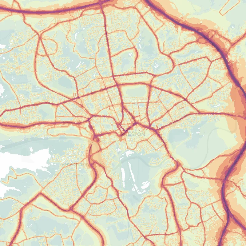 Noise map of Preston: modelled road-traffic noise (Lden) from the official strategic noise mapping, paler colours marking quieter levels and deepening through orange to dark purple along the loudest corridors, over the city's street network.
