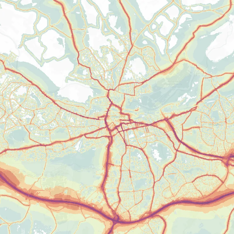 Noise map of Reading: modelled road-traffic noise (Lden) from the official strategic noise mapping, paler colours marking quieter levels and deepening through orange to dark purple along the loudest corridors, over the city's street network.