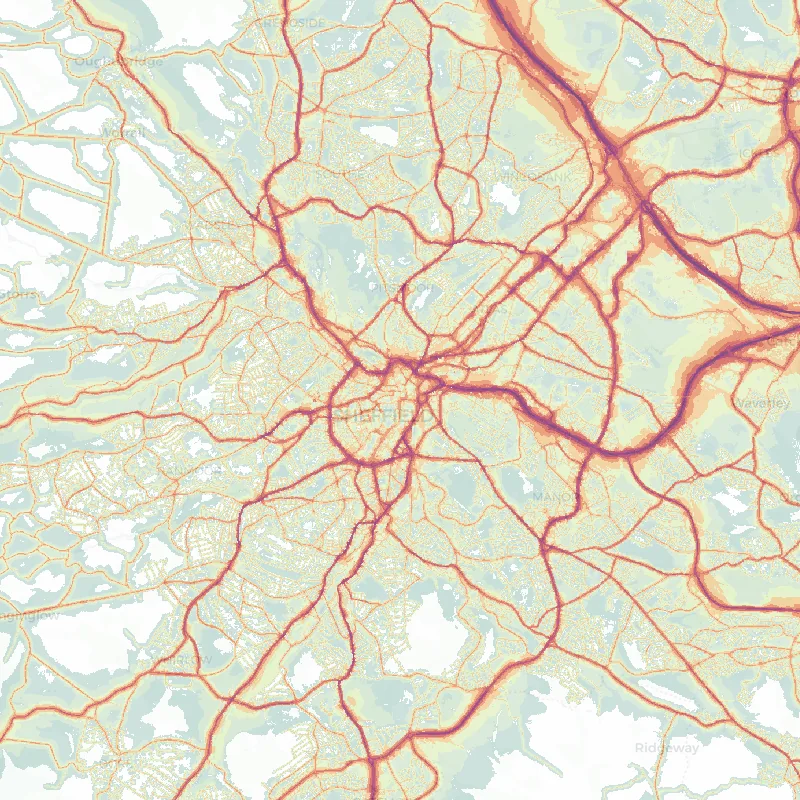 Noise map of Sheffield: modelled road-traffic noise (Lden) from the official strategic noise mapping, paler colours marking quieter levels and deepening through orange to dark purple along the loudest corridors, over the city's street network.