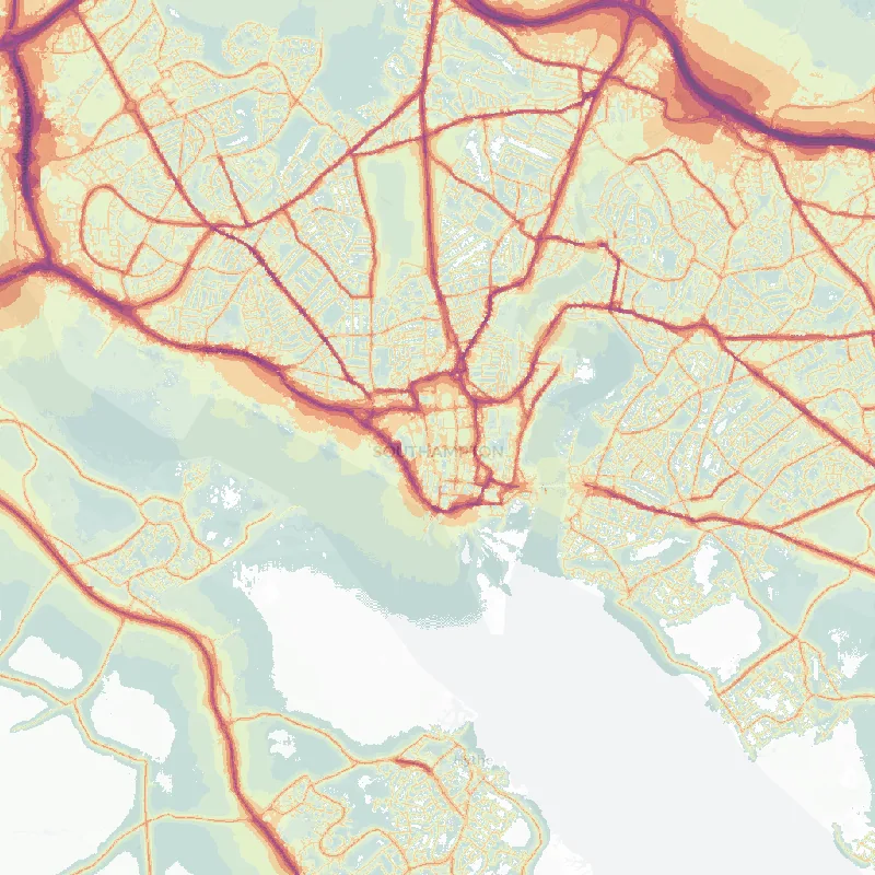 Noise map of Southampton: modelled road-traffic noise (Lden) from the official strategic noise mapping, paler colours marking quieter levels and deepening through orange to dark purple along the loudest corridors, over the city's street network.