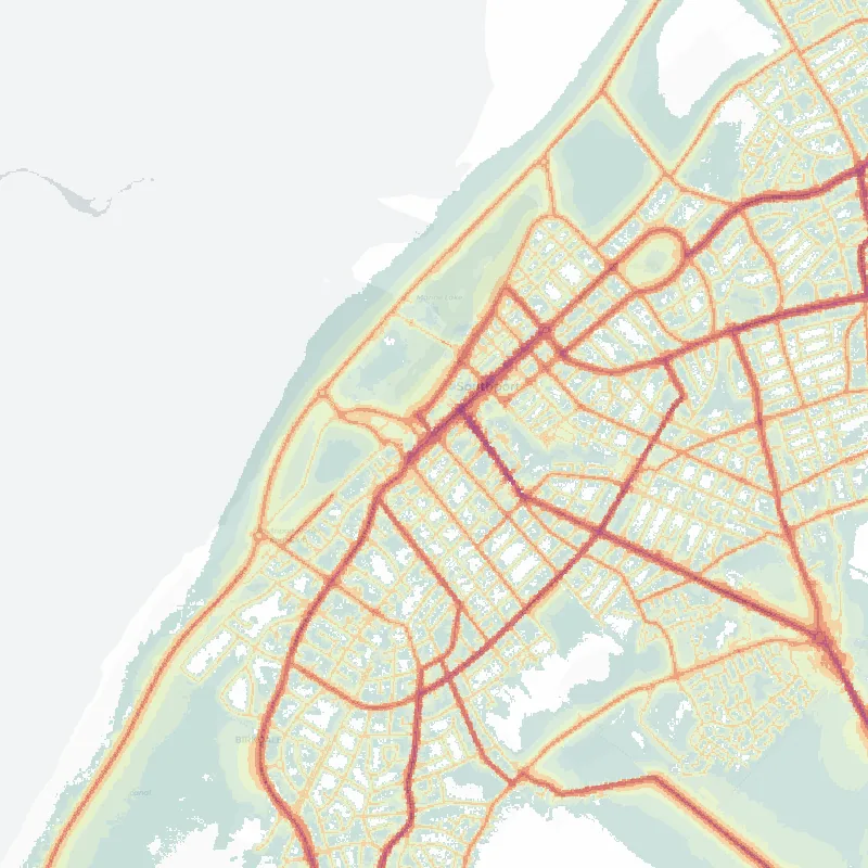 Noise map of Southport/Formby: modelled road-traffic noise (Lden) from the official strategic noise mapping, paler colours marking quieter levels and deepening through orange to dark purple along the loudest corridors, over the city's street network.