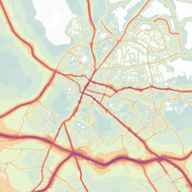 Noise map of St Albans: modelled road-traffic noise (Lden) from the official strategic noise mapping, paler colours marking quieter levels and deepening through orange to dark purple along the loudest corridors, over the city's street network.