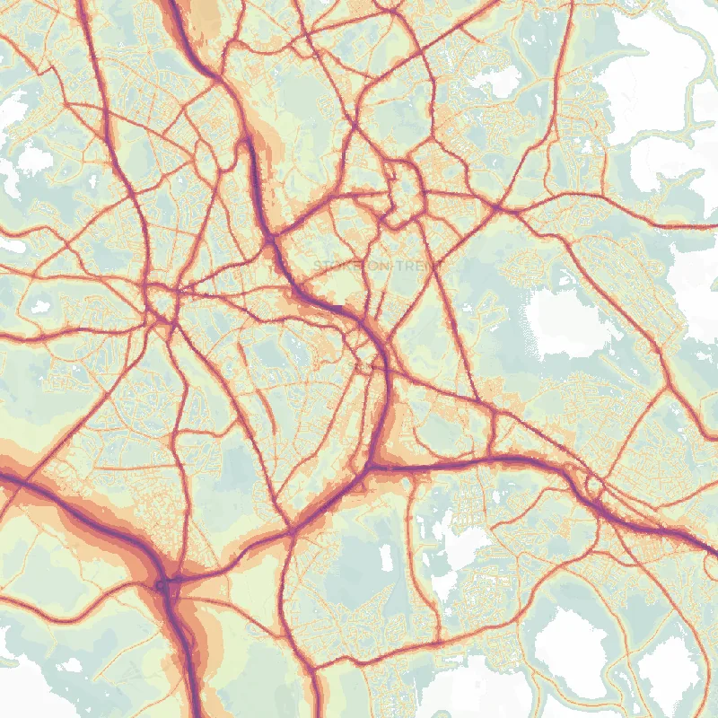 Noise map of Stoke-on-Trent: modelled road-traffic noise (Lden) from the official strategic noise mapping, paler colours marking quieter levels and deepening through orange to dark purple along the loudest corridors, over the city's street network.