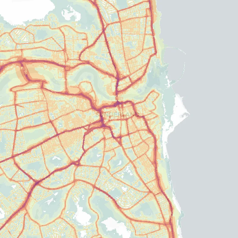 Noise map of Sunderland: modelled road-traffic noise (Lden) from the official strategic noise mapping, paler colours marking quieter levels and deepening through orange to dark purple along the loudest corridors, over the city's street network.