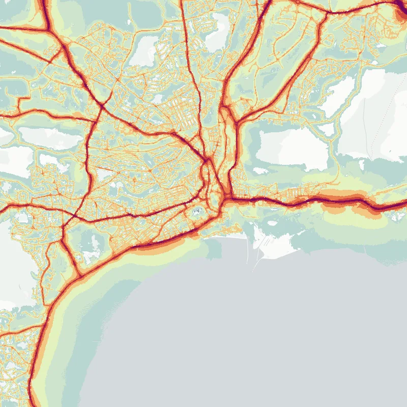 Noise map of Swansea: modelled road-traffic noise (Lden) from the official strategic noise mapping, paler colours marking quieter levels and deepening through orange to dark purple along the loudest corridors, over the city's street network.