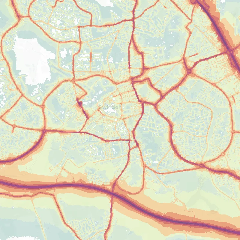 Noise map of Swindon: modelled road-traffic noise (Lden) from the official strategic noise mapping, paler colours marking quieter levels and deepening through orange to dark purple along the loudest corridors, over the city's street network.