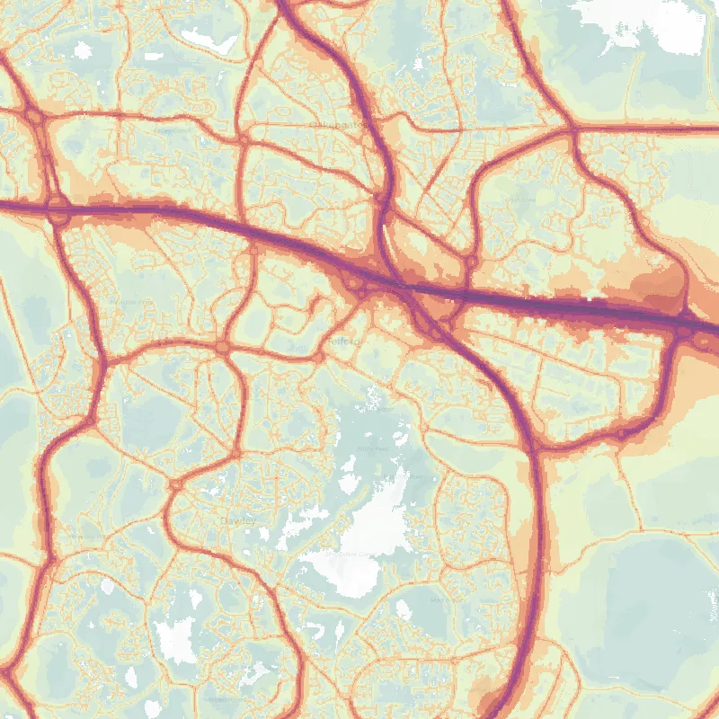 Noise map of Telford: modelled road-traffic noise (Lden) from the official strategic noise mapping, paler colours marking quieter levels and deepening through orange to dark purple along the loudest corridors, over the city's street network.