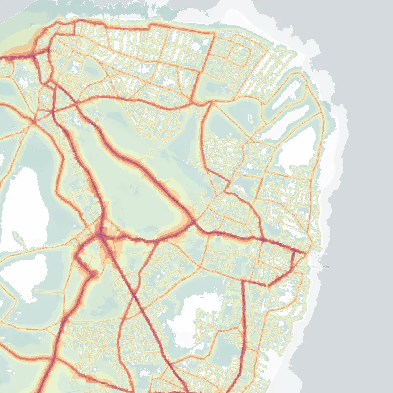 Noise map of Thanet: modelled road-traffic noise (Lden) from the official strategic noise mapping, paler colours marking quieter levels and deepening through orange to dark purple along the loudest corridors, over the city's street network.