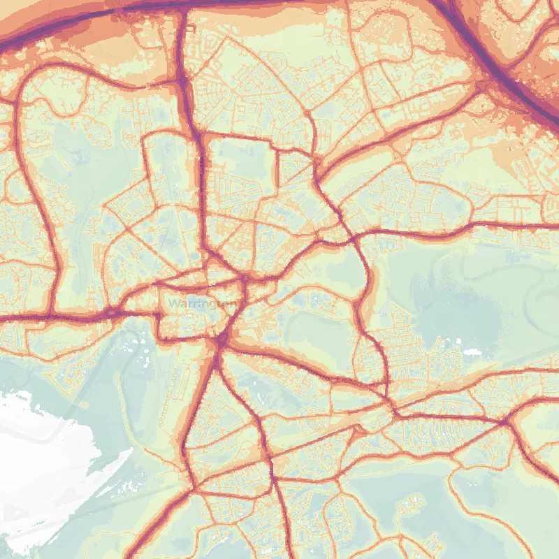 Noise map of Warrington: modelled road-traffic noise (Lden) from the official strategic noise mapping, paler colours marking quieter levels and deepening through orange to dark purple along the loudest corridors, over the city's street network.