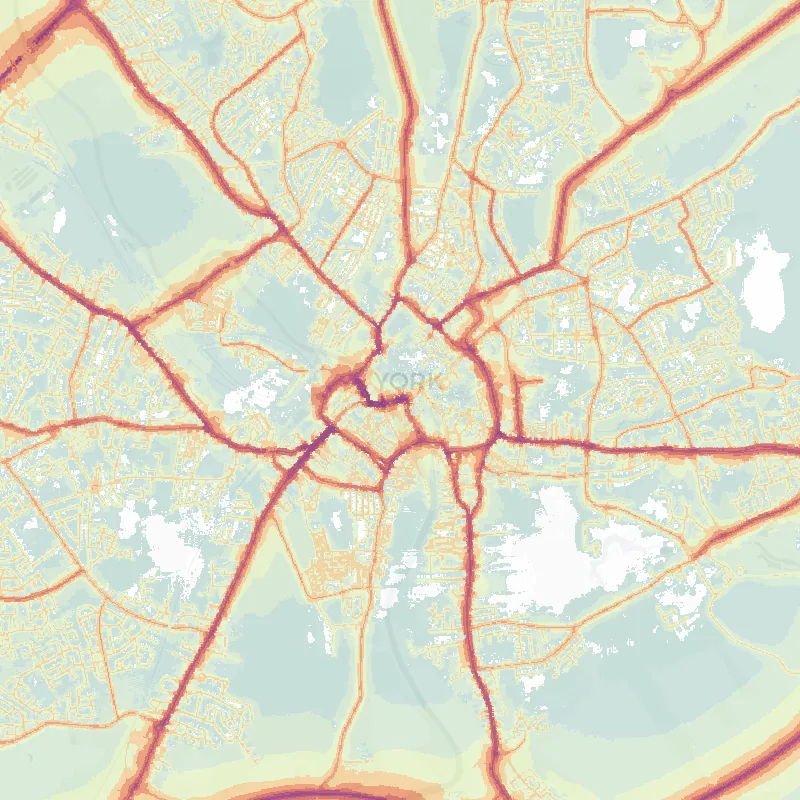 Noise map of York: modelled road-traffic noise (Lden) from the official strategic noise mapping, paler colours marking quieter levels and deepening through orange to dark purple along the loudest corridors, over the city's street network.