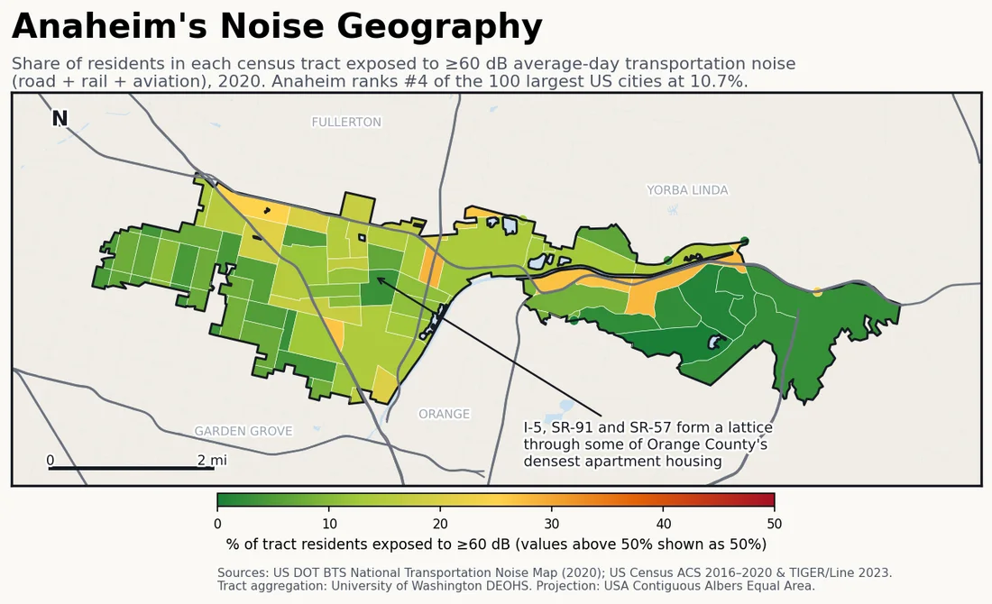 Census-tract noise map preview of Anaheim, CA — loudest tracts follow the I-5, SR-91 and SR-57 freeway lattice.