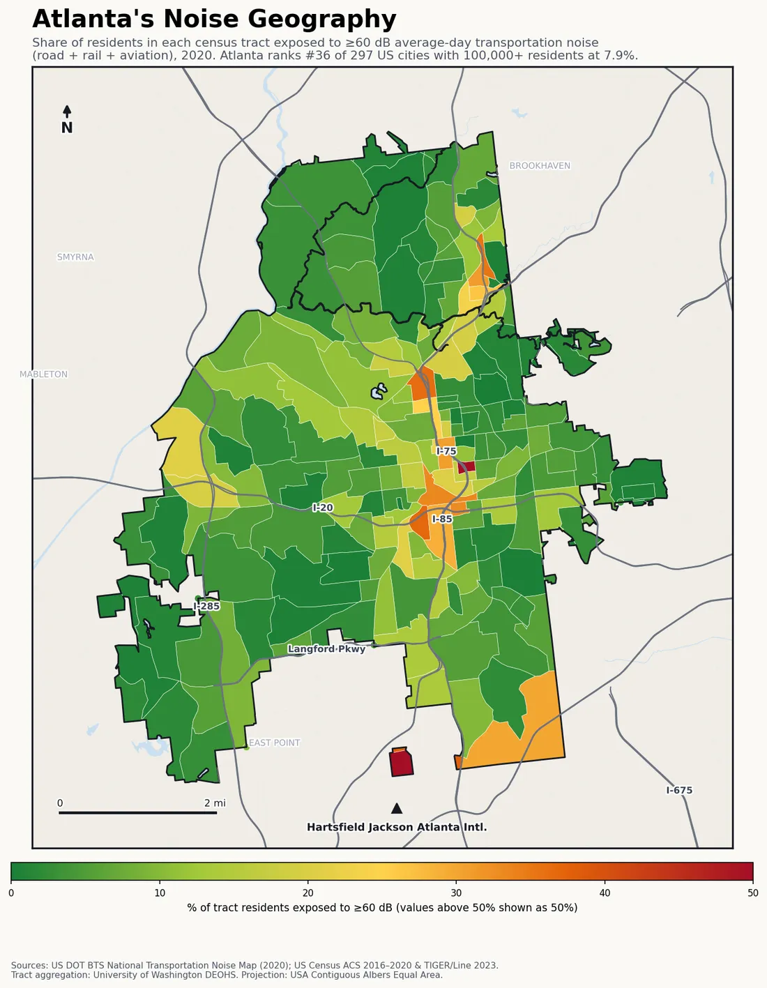 Census-tract noise map of Atlanta, GA: tracts colored green (few residents above 60 dB transportation noise) to red (half or more residents above 60 dB). The loudest tracts follow Atlanta's busiest road, rail and flight corridors.