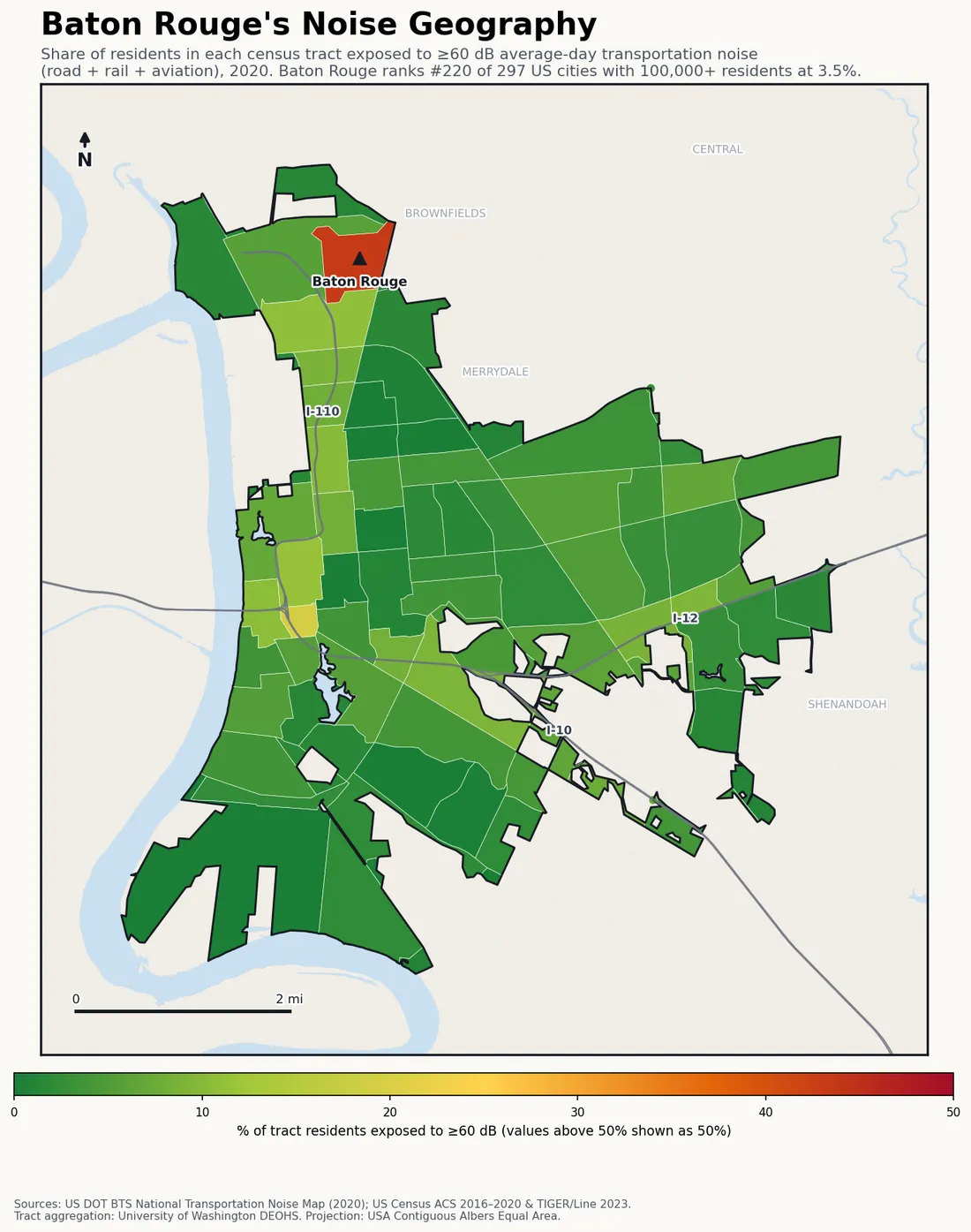Census-tract noise map of Baton Rouge, LA: tracts colored green (few residents above 60 dB transportation noise) to red (half or more residents above 60 dB). The loudest tracts follow Baton Rouge's busiest road, rail and flight corridors.