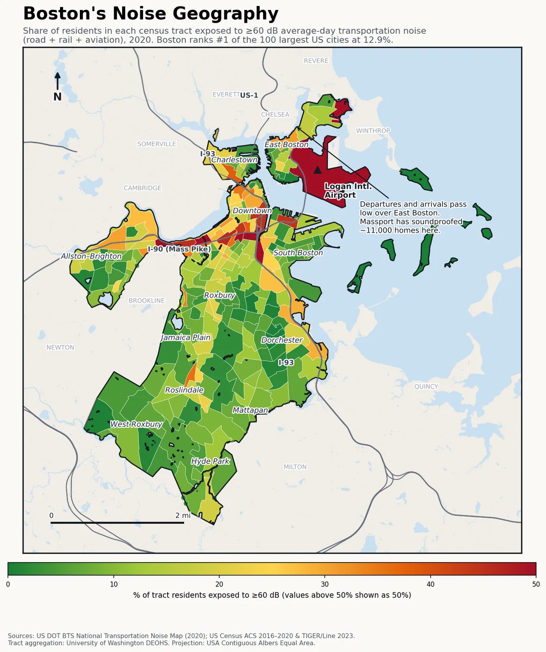 Census-tract noise map preview of Boston, MA — loudest tracts follow East Boston and Winthrop under the Logan flight paths, and the I-93 corridor.