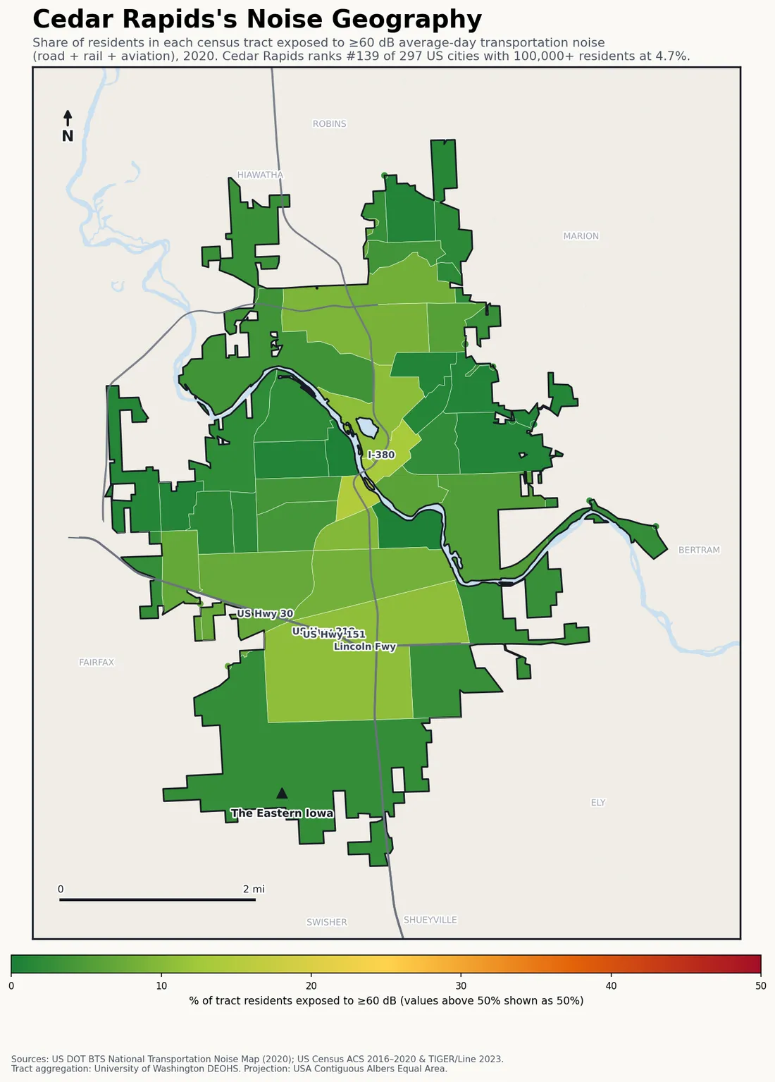 Census-tract noise map of Cedar Rapids, IA: tracts colored green (few residents above 60 dB transportation noise) to red (half or more residents above 60 dB). The loudest tracts follow Cedar Rapids's busiest road, rail and flight corridors.