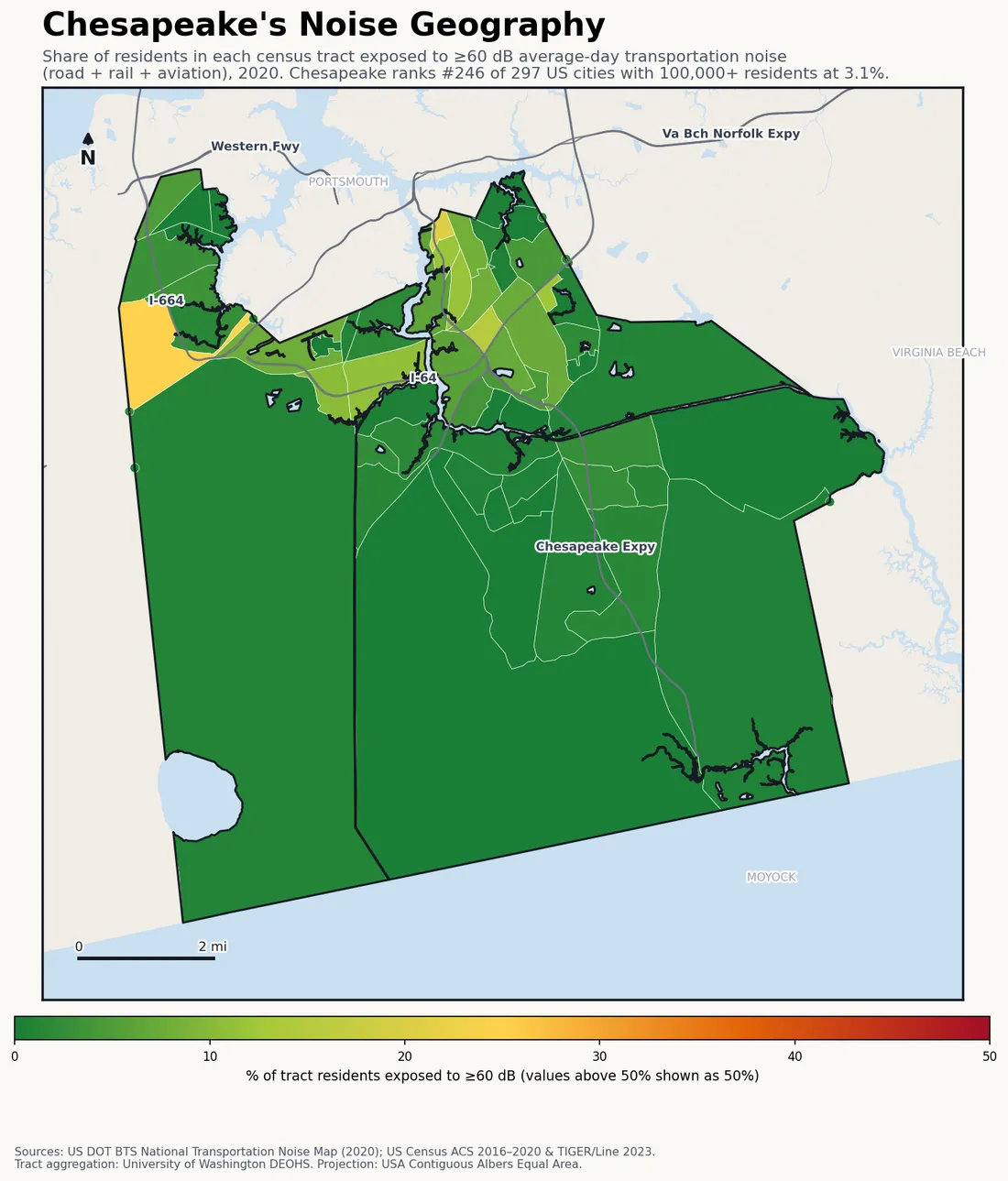 Census-tract noise map of Chesapeake, VA: tracts colored green (few residents above 60 dB transportation noise) to red (half or more residents above 60 dB). The loudest tracts follow Chesapeake's busiest road, rail and flight corridors.