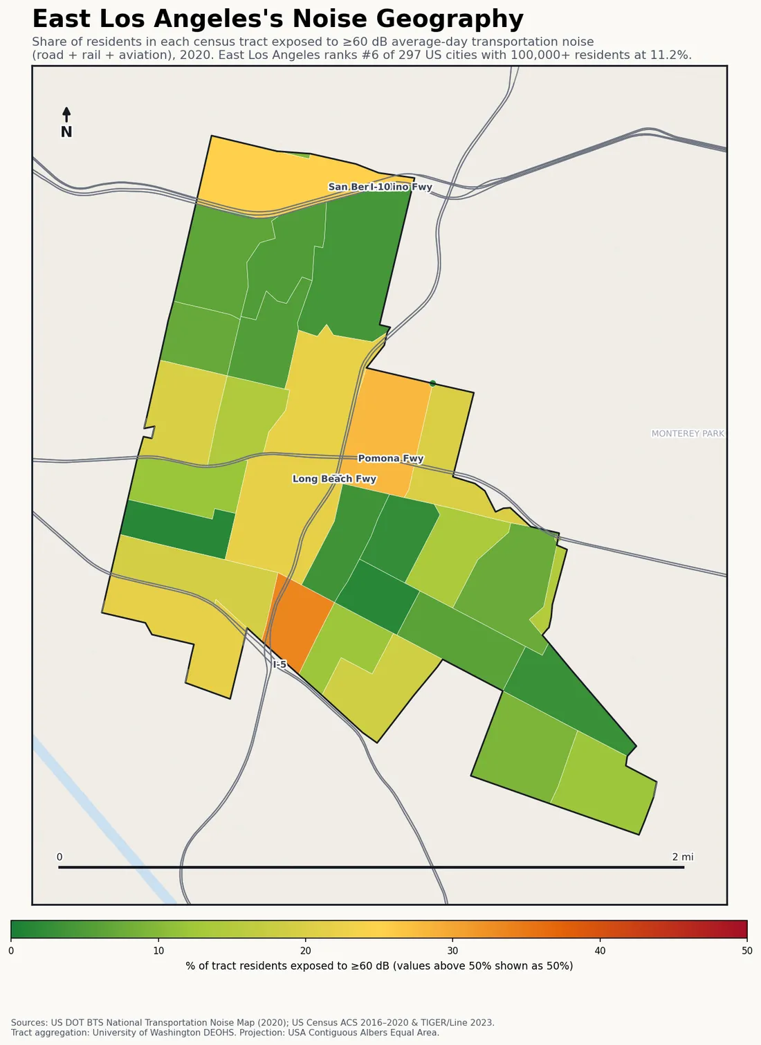 Census-tract noise map of East Los Angeles, CA: tracts colored green (few residents above 60 dB transportation noise) to red (half or more residents above 60 dB). The loudest tracts follow East Los Angeles's busiest road, rail and flight corridors.