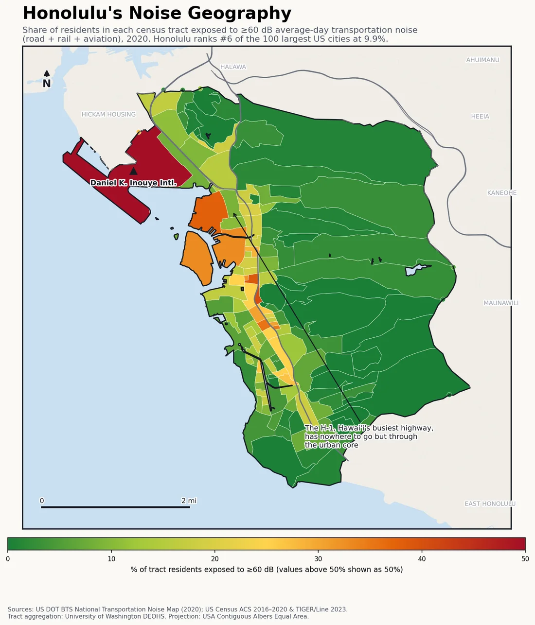 Census-tract noise map preview of Honolulu, HI — loudest tracts follow the H-1 corridor and the airport approach.