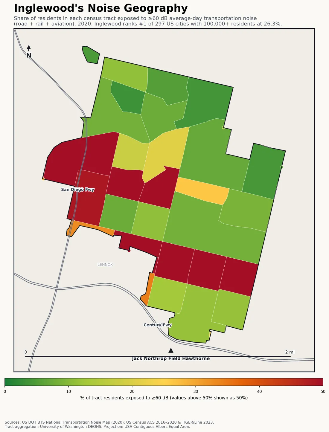 Census-tract noise map of Inglewood, CA: tracts colored green (few residents above 60 dB transportation noise) to red (half or more residents above 60 dB). The loudest tracts follow Inglewood's busiest road, rail and flight corridors.
