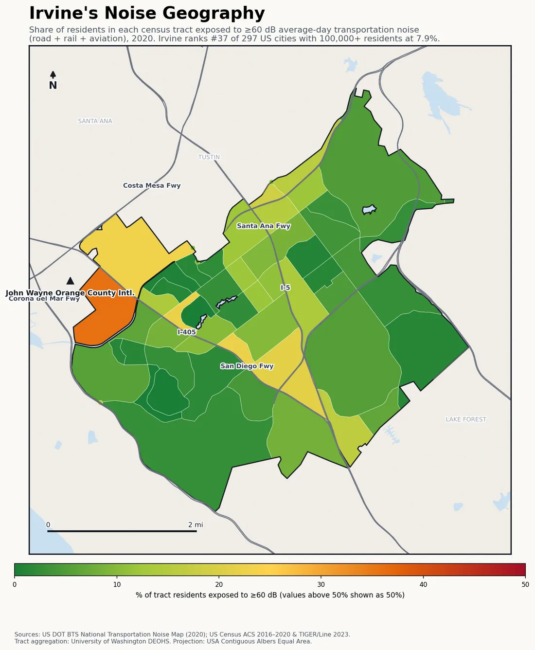 Census-tract noise map of Irvine, CA: tracts colored green (few residents above 60 dB transportation noise) to red (half or more residents above 60 dB). The loudest tracts follow Irvine's busiest road, rail and flight corridors.