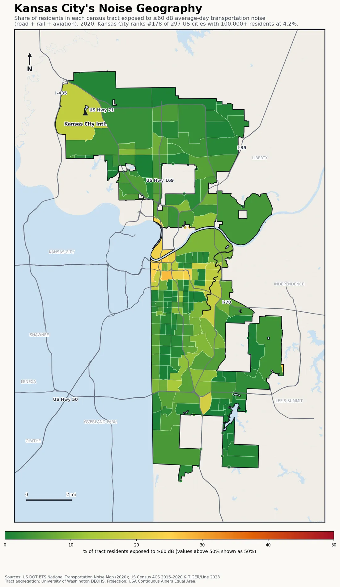 Census-tract noise map of Kansas City, MO: tracts colored green (few residents above 60 dB transportation noise) to red (half or more residents above 60 dB). The loudest tracts follow Kansas City's busiest road, rail and flight corridors.
