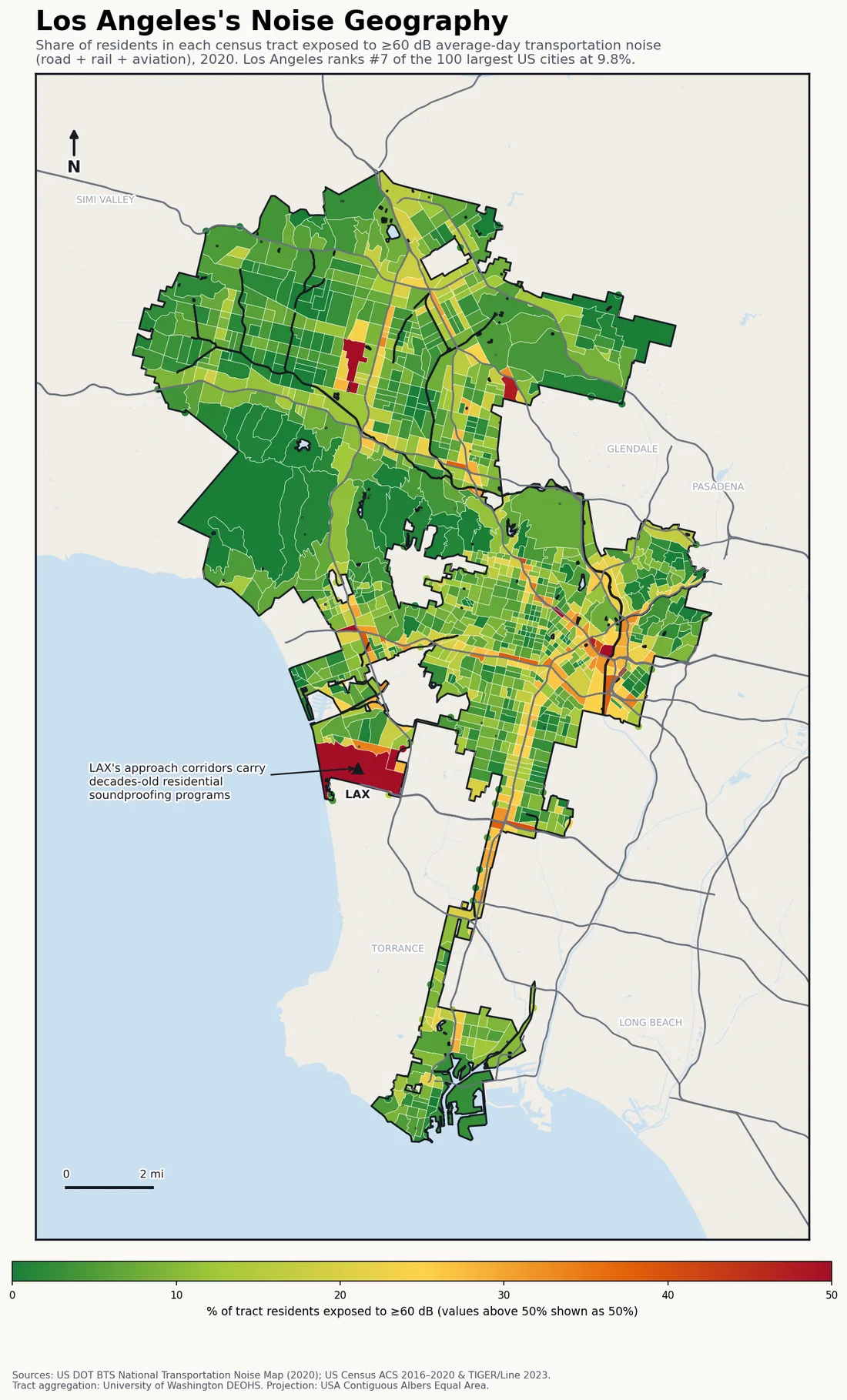 Census-tract noise map preview of Los Angeles, CA — loudest tracts follow the freeway grid and LAX.