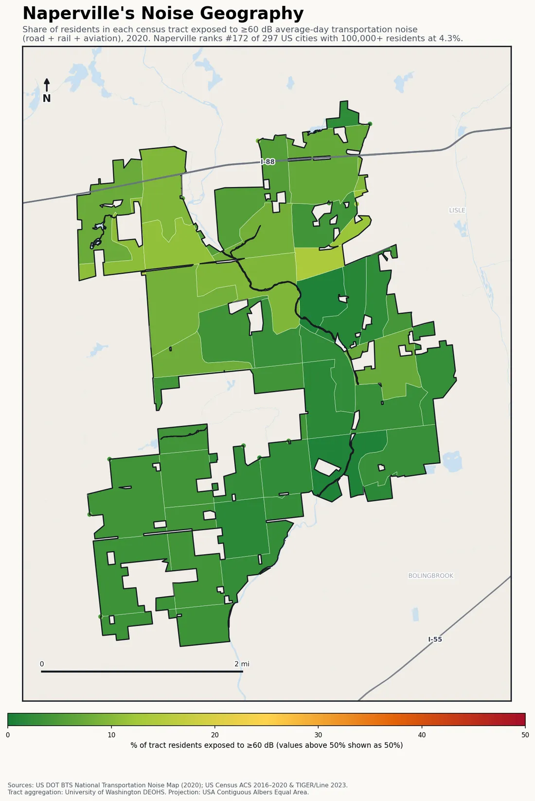 Census-tract noise map of Naperville, IL: tracts colored green (few residents above 60 dB transportation noise) to red (half or more residents above 60 dB). The loudest tracts follow Naperville's busiest road, rail and flight corridors.