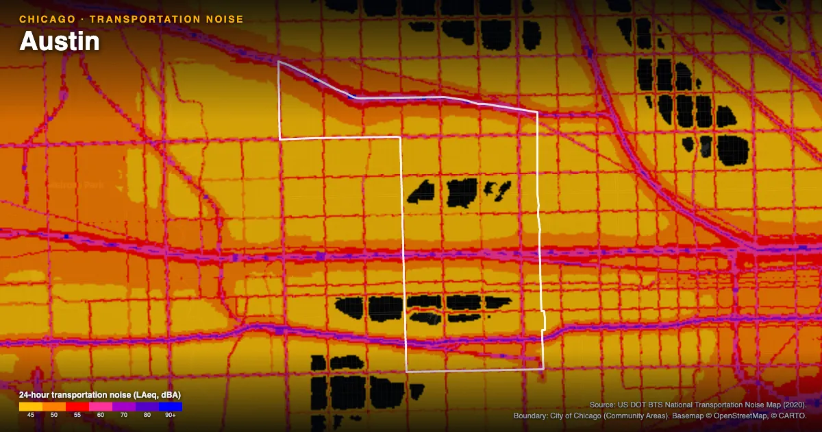 Transportation-noise map of Austin, Chicago: the neighborhood outlined in white over modeled road, rail and aircraft noise, colored from amber (about 45 dBA) through red and purple to blue (90 dBA and up).